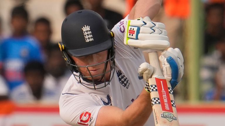 England's Zak Crawley plays a shot on the third day of the second cricket test match between India and England in Visakhapatnam, India, Sunday, Feb. 4, 2024. (AP Photo/Manish Swarup)