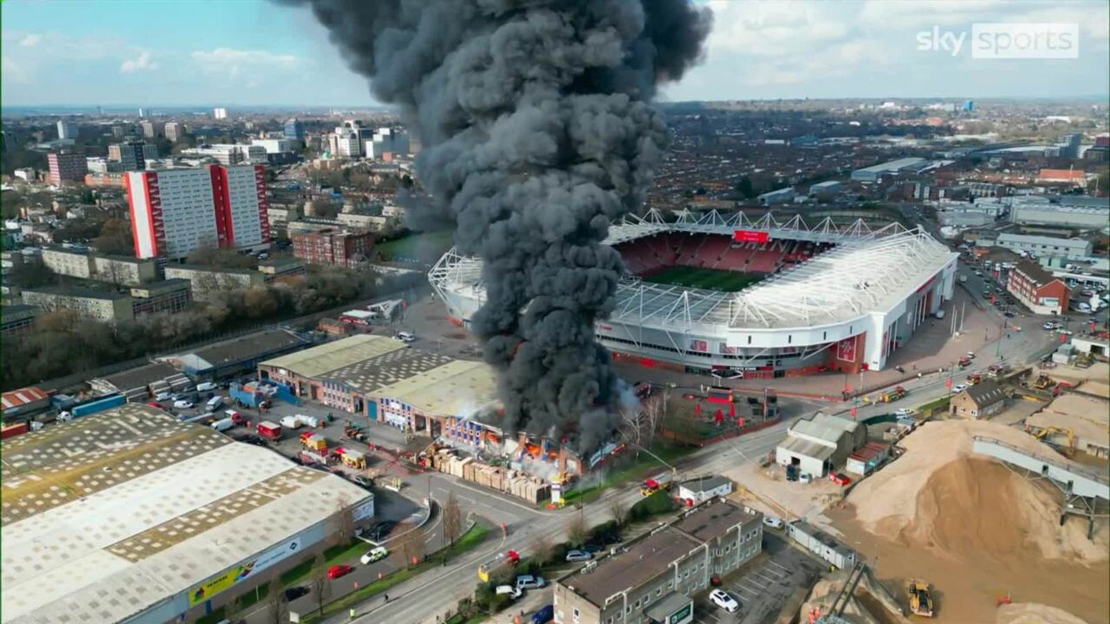 St Mary's fire Drone footage of huge fire at Southampton stadium hours