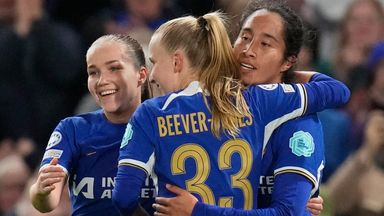 Chelsea's Mayra Ramirez, right, celebrates after scoring the opening goal