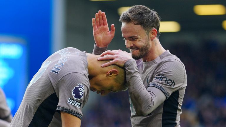 Tottenham&#39;s Richarlison, left, celebrates with James Maddison after scoring his side&#39;s second goal during the English Premier League soccer match between Everton and Tottenham Hotspur, at the Goodison Park stadium, in Liverpool, England, Saturday, Feb.