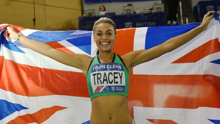 Tracey celebrates her victory in the Women's 800m at the Indoor British Championships in Sheffield