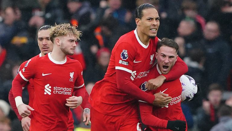 Liverpool's Alexis Mac Allister (right) celebrates with team-mates after scoring their equaliser