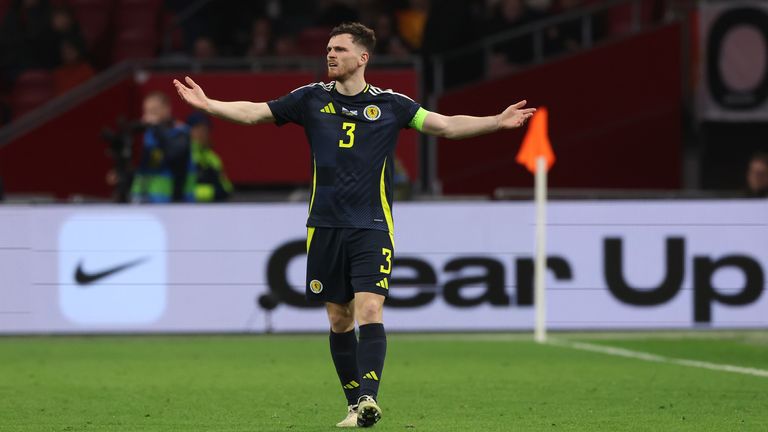 AMSTERDAM, NETHERLANDS - MARCH 22: Scotland Captain Andy Robertson during an international friendly match between the Netherlands and Scotland at the Johan Cruyff Arena, on March 22, 2024, in Amsterdam, Netherlands. (Photo by Craig Williamson / SNS Group)