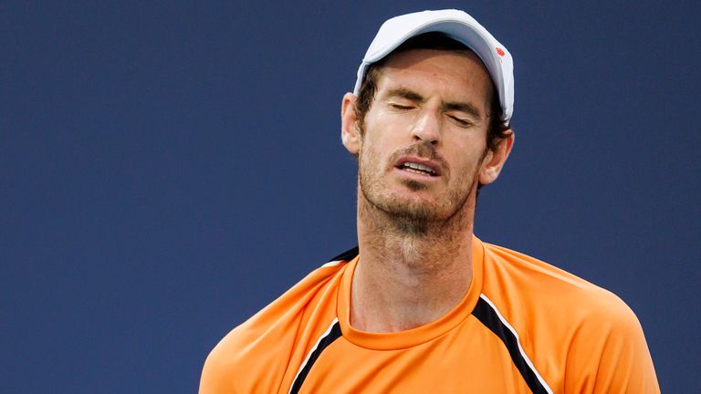 Andy Murray of Great Britain looks dejected during his match against Tomas Machac of the Czech Republic in the third round of the Miami Open at the Hard Rock Stadium on March 24, 2024 in Miami Gardens, Florida. (Photo by Frey/TPN/Getty Images)
