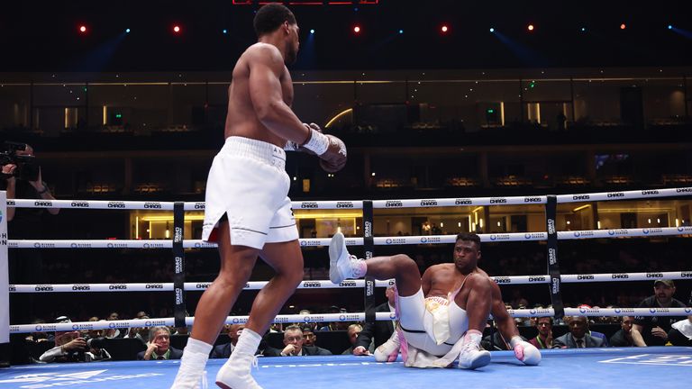 Anthony Joshua knocks down Francis Ngannou (pic: Matchroom Boxing)