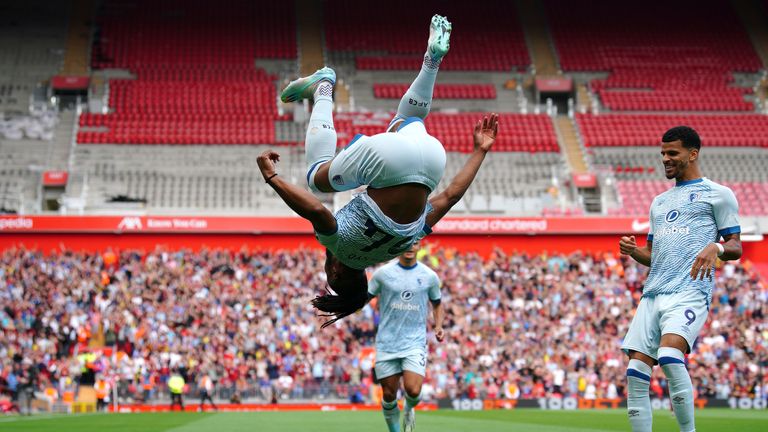 Antonio Semenyo celebrates scoring for Bournemouth at Anfield with a back flip. 
