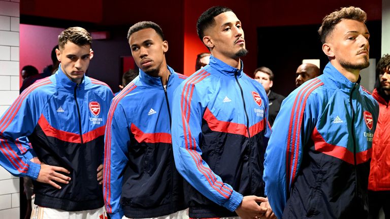 Arsenal defenders Jakub Kiwior, Gabriel Magalhaes, William Saliba and Ben White have been captured staring down opponents in the tunnel