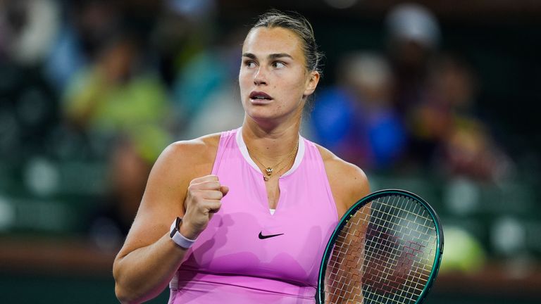 CORRECTS TO SATURDAY, MARCH 9 NOT FRIDAY, MARCH 8  - Aryna Sabalenka, of Belarus, reacts after scoring a point against Peyton Stearns, of the United States, at the BNP Paribas Open tennis tournament in Indian Wells, Calif., Saturday, March 9, 2024. (AP Photo/Ryan Sun)