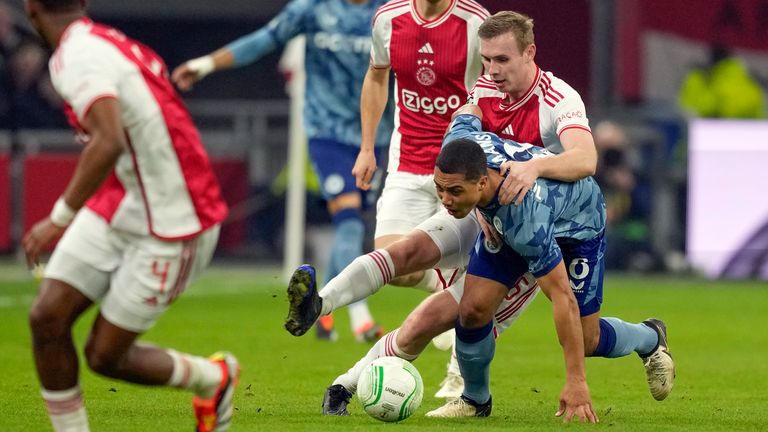 Aston Villa's Youri Tielemans, front, battles for the ball with Ajax's Sivert Mannsverk