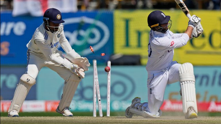 England's Ben Foakes is bowled out by India's Ravichandran Ashwin on the third day of the fifth and final test match between England and India in Dharamshala, India, Saturday, March 9, 2024. (AP Photo /Ashwini Bhatia)