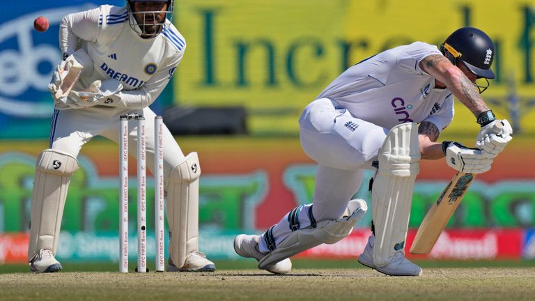 England's captain Ben Stokes is bowled out by India's Ravichandran Ashwin fields on the third day of the fifth and final test match between England and India in Dharamshala, India, Saturday, March 9, 2024. (AP Photo /Ashwini Bhatia)