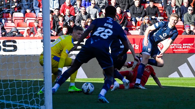 Aberdeen's Bojan Miovski finds his shot deflected by Ross County's Loick Ayina 