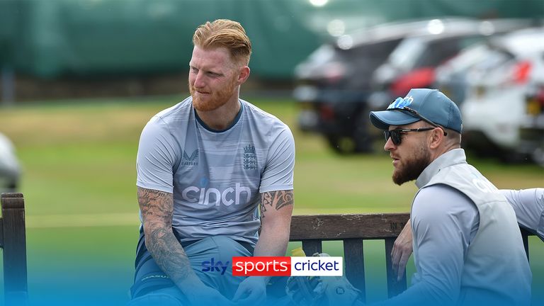 England&#39;s captain Ben Stokes, left, sits with coach Brendon McCullum during a training session ahead of the fifth cricket test match between England and India at Edgbaston in Birmingham, England, Thursday, June 30, 2022. (AP Photo/Rui Vieira)