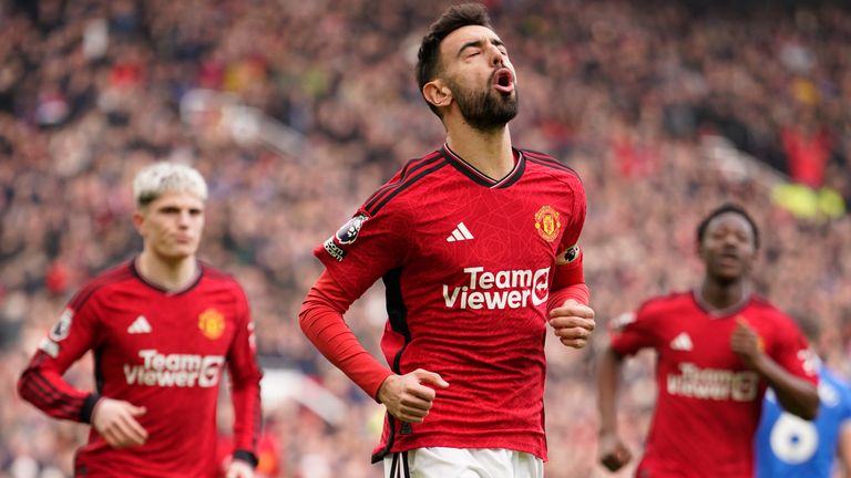Bruno Fernandes celebrates after giving Man Utd a 1-0 lead from the penalty spot