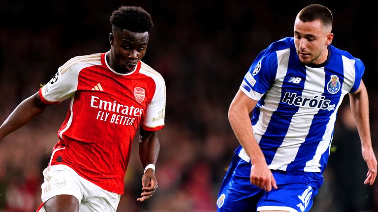 Bukayo Saka seeks to find an opening in the first half against Porto