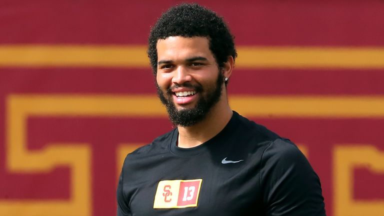 Southern California Trojans quarterback Caleb Williams (13) smiles as he prepares to pass during the USC NFL Pro Day on Wednesday, Mar. 20, 2024, in Los Angeles. (Kevin Terrell via AP)
