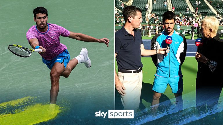 Watch the moment Carlos Alcaraz defends his Indian Wells title when Daniil Medvedev just misses a cross-court forehand.