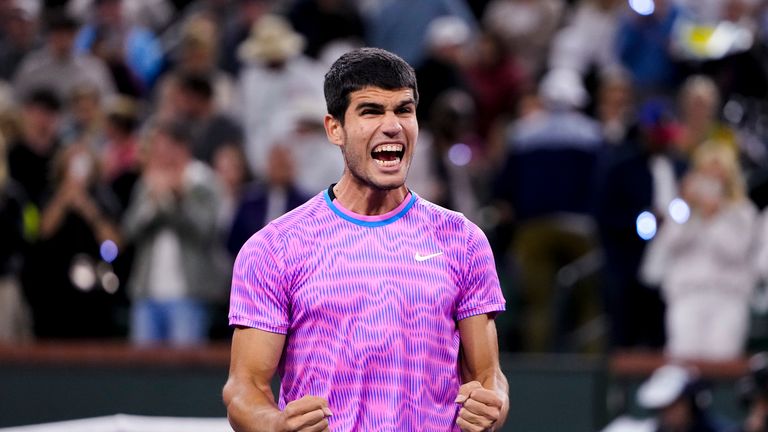 Carlos Alcaraz, of Spain, reacts after winning his match against Matteo Arnaldi, of Italy, at the BNP Paribas Open tennis tournament in Indian Wells, Calif., Friday, March 8, 2024. (AP Photo/Ryan Sun)