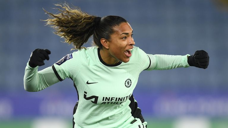 Catarina Macario celebrates after scoring on her Chelsea debut