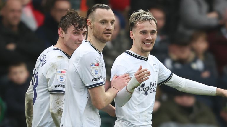 Liam Millar is congratulated after scoring for Preston at Plymouth