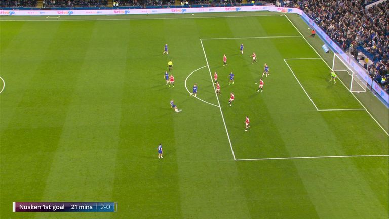 Erun Cuthbert is in acres of space on the edge of Arsenal's box, leading to Chelsea's second goal