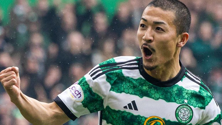GLASGOW, SCOTLAND - MARCH 10: Celtic's Daizen Maeda celebrates as he scores to make it 1-0 during a Scottish Cup Quarter Final match between Celtic and Livingston at Celtic Park, on March 10, 2024, in Glasgow, Scotland. (Photo by Mark Scates / SNS Group)