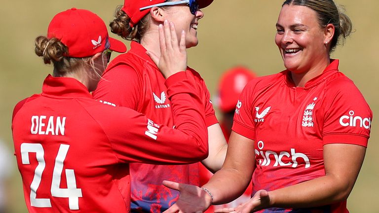 Danielle Gibson celebrates taking a wicket for England in their victory over New Zealand in the fourth T20I