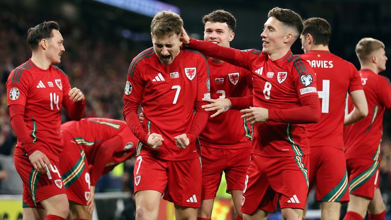 Wales players celebrate with David Brooks after his early opening goal against Finland