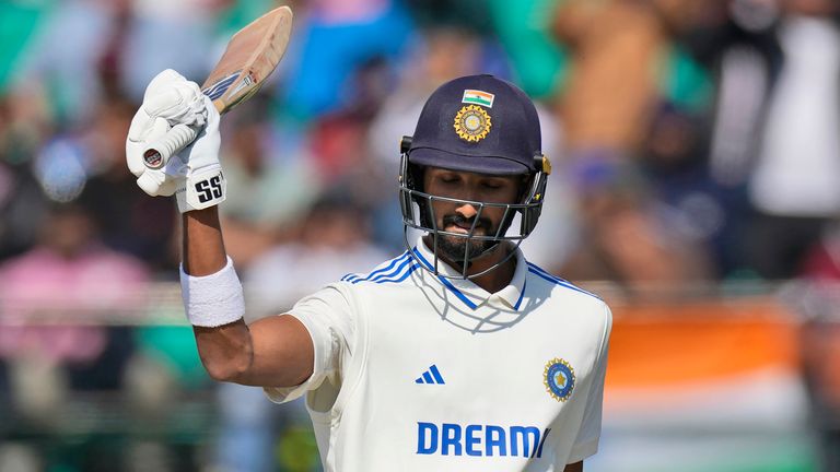 India's Devdutt Padikkal celebrates his fifty runs on the second day of the fifth and final test match between England and India in Dharamshala, India, Friday, March 8, 2024. (AP Photo/Ashwini Bhatia)