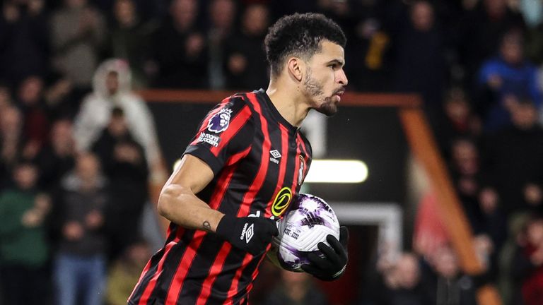 Dominic Solanke celebrates after he pulls a goal back for Bournemouth against Luton