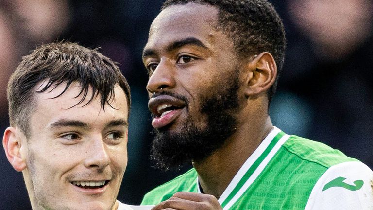 EDINBURGH, SCOTLAND - MARCH 02: Hibernian's Dylan Levitt celebrates with Myziane Maolida as he scores to make it 2-0 during a cinch Premiership match between Hibernian and Ross County at Easter Road Stadium, on March 02, 2024, in Edinburgh, Scotland. (Photo by Ross Parker / SNS Group)