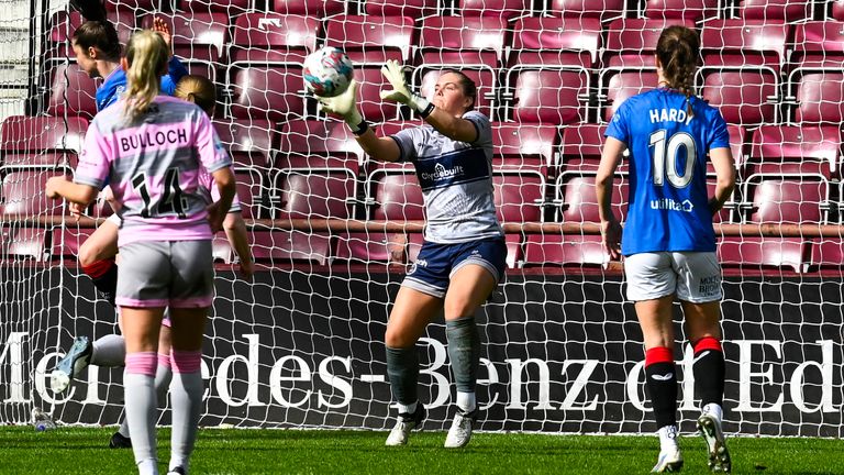 Easdon makes a save during the 4-1 Sky Sports Cup final loss to Rangers