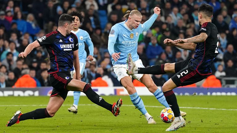 Erling Haaland scores Man City's third goal of the night against FC Copenhagen