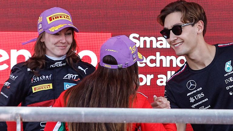 George Russell congratulates 2023 F1 Academy champion Marta Garcia