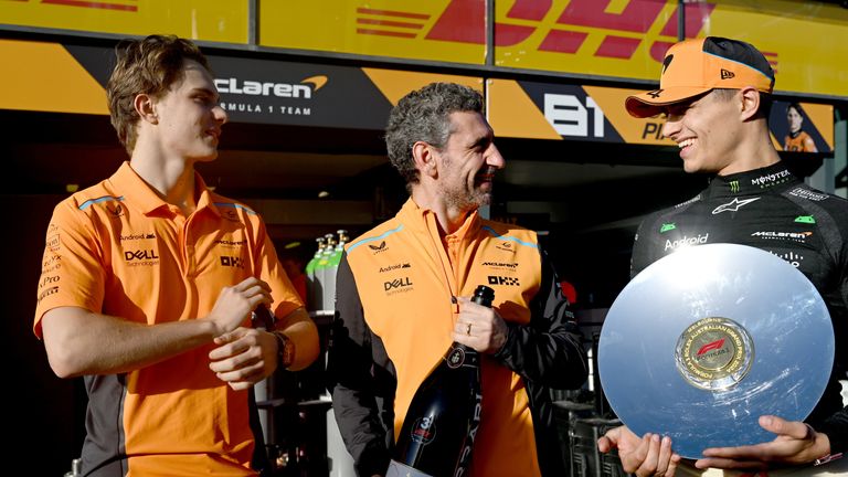 MELBOURNE GRAND PRIX CIRCUIT, AUSTRALIA - MARCH 24: Oscar Piastri, McLaren F1 Team, Andrea Stella, Team Principal, McLaren F1 Team, and Lando Norris, McLaren F1 Team, 3rd position, talk after the race during the Australian GP at Melbourne Grand Prix Circuit on Sunday March 24, 2024 in Melbourne, Australia. (Photo by Sam Bagnall / LAT Images)