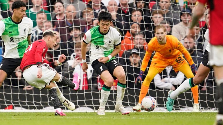 Antony sweeps home a late equaliser for Manchester United against Liverpool