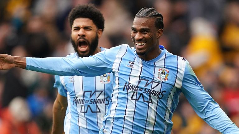 Haji Wright celebrates with fellow goalscorer Ellis Simms after hitting a late winner for Coventry at Wolves