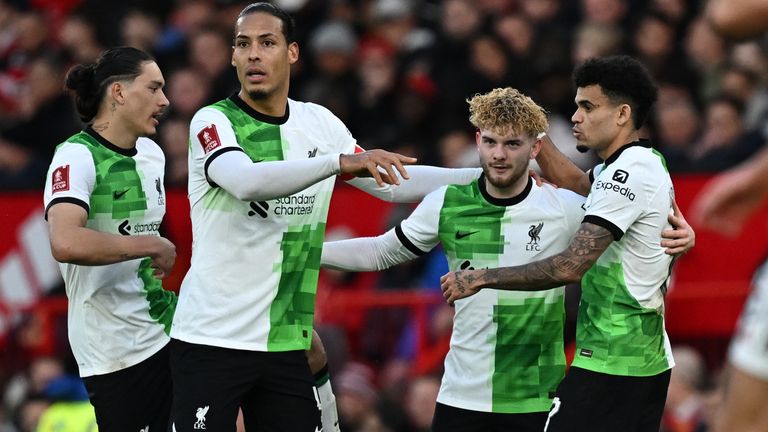 Harvey Elliott is congratulated by his team-mates after giving Liverpool a 3-2 lead at in extra-time