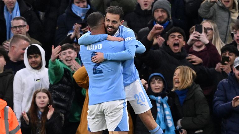 Bernardo Silva celebrates after his deflected shot gives Manchester City a first-half lead against Newcastle