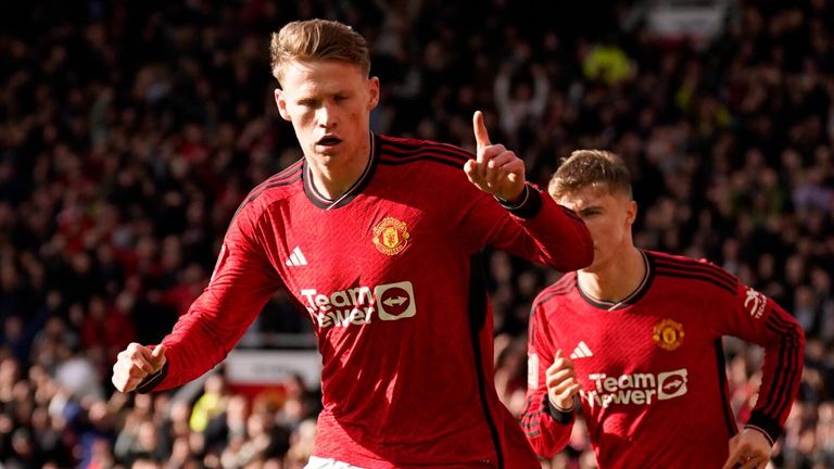 Scott McTominay celebrates after giving Manchester United a first-half lead against Liverpool