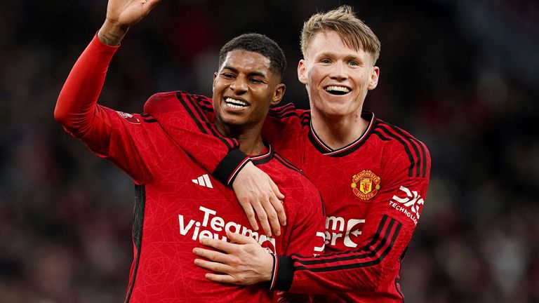 Goalscorers Marcus Rashford and Scott McTominay celebrate as Manchester United knock Liverpool out of the FA Cup