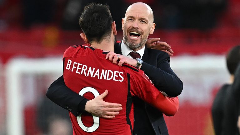 Erik ten Hag and Bruno Fernandes celebrate after Manchester United's extra-time win over Liverpool in the FA Cup