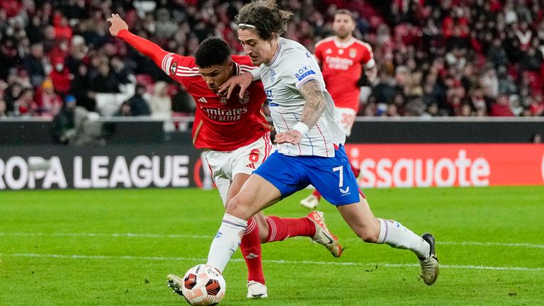Rangers' Fabio Silva, who spent two seasons with Benfica as a youth player, drives with the ball