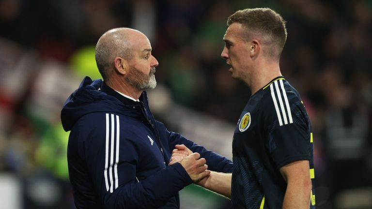 GLASGOW, SCOTLAND - MARCH 26: Scotland Manager Steve Clarke and  Lewis Ferguson at Full Time during an International Friendly match between Scotland and Northern Ireland at Hampden Park, on March 26, 2024, in Glasgow, Scotland. (Photo by Craig Williamson / SNS Group)