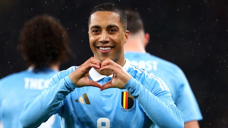 Youri Tielemans celebrates after giving Belgium a first-half lead against England