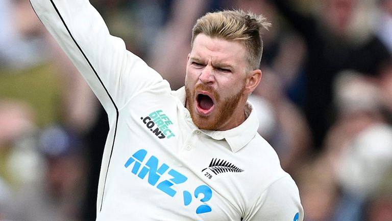 New Zealand bowler Glenn Phillips celebrates the wicket of Australia's Alex Carey on day three of the first cricket test match between New Zealand and Australia at the Basin Reserve in Wellington, New Zealand, Saturday, March 2, 2024. (Andrew Cornaga/Photosport via AP)