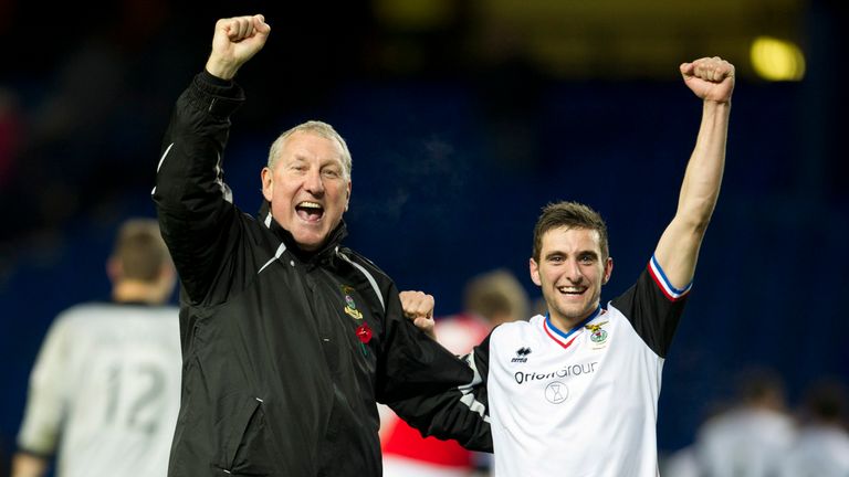 31/10/12 SCOTTISH COMMUNITIES LEAGUE CUP QUARTER FINAL.RANGERS v ICT.IBROX - GLASGOW.ICT manager Terry Butcher and captain Graeme Shinnie celebrate their side's victory at full time
