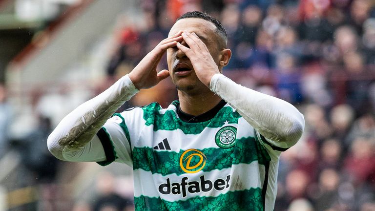 Celtic's Adam Idah looks dejected as they lose at Hearts
