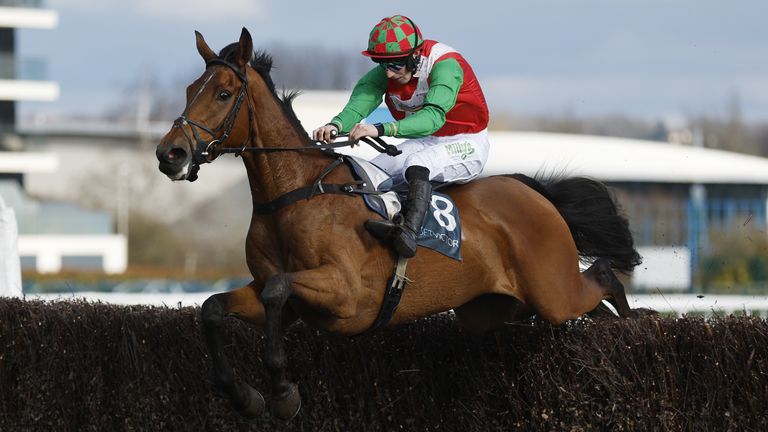 Heltenham and Ciaran Gethings jump the last in the Greatwood Gold Cup