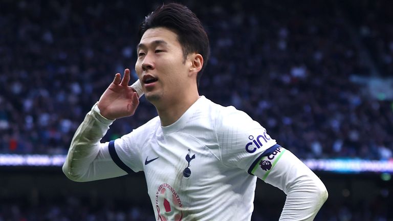 Heung-Min Son celebrates after giving Spurs a late lead against Luton